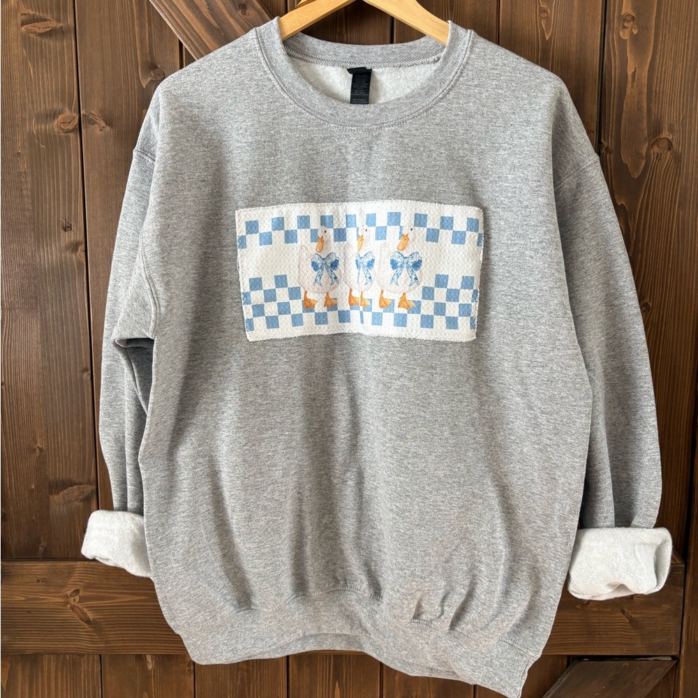 Gray Crewneck Sweater with Blue Check and Duck Motif